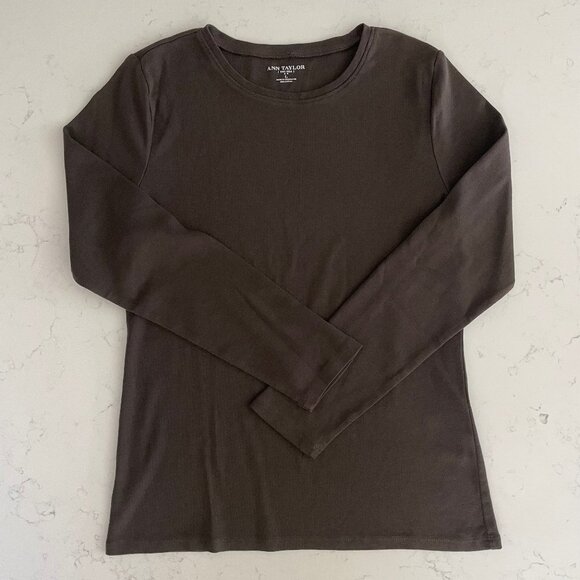 Ann Taylor Casual Pull On Lg Slv Crew Neck 100% Cotton Top Chocolate Brown Sz L - Picture 1 of 9